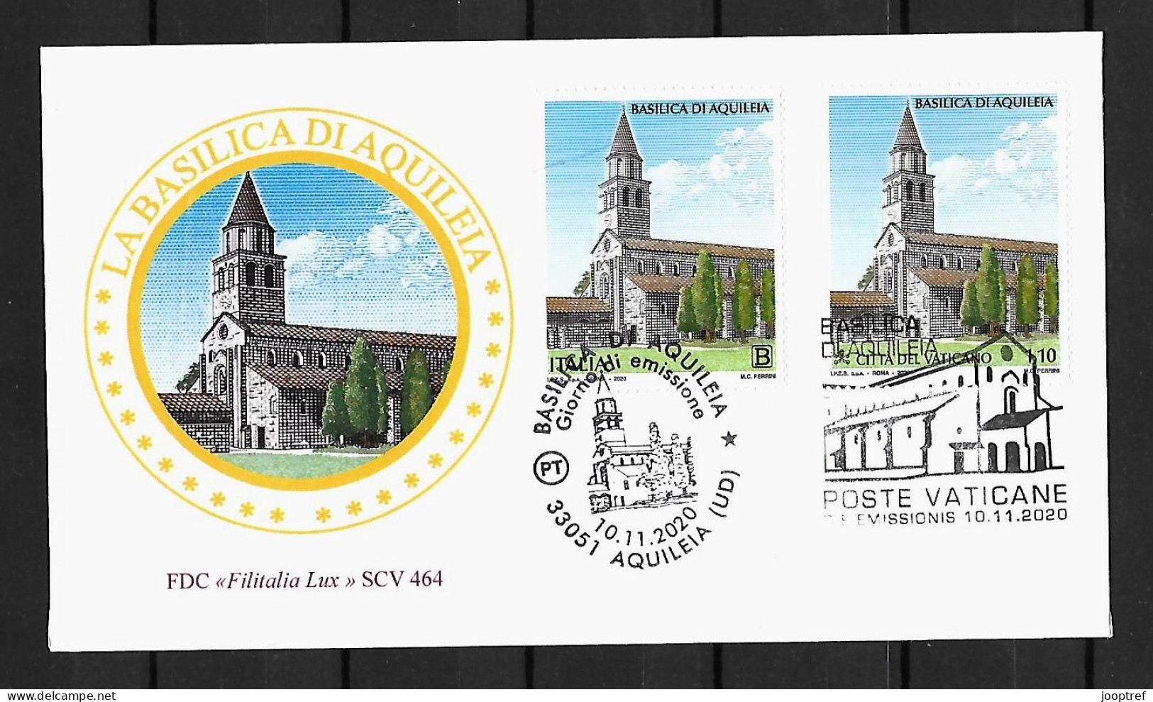 2020 Joint/Congiunta Vatican And Italy, MIXED FDC VATICAN WITH BOTH STAMPS: Basilica Aquileia - Gezamelijke Uitgaven