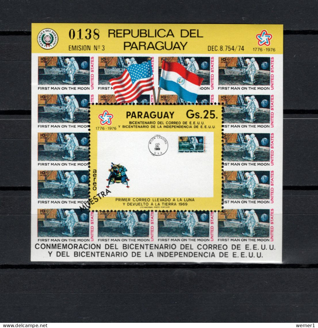 Paraguay 1976 Space, US Bicentennial, Moon Letter S/s With "Muestra" Overprint MNH - América Del Sur
