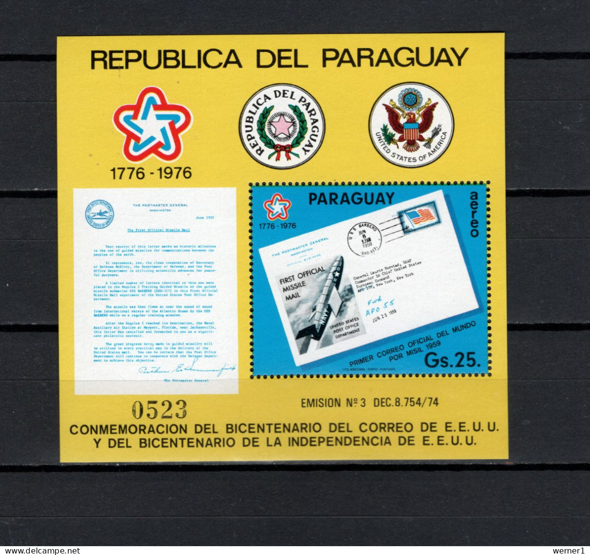 Paraguay 1976 Space, US Bicentennial, Rocketmail Letter S/s MNH - América Del Sur