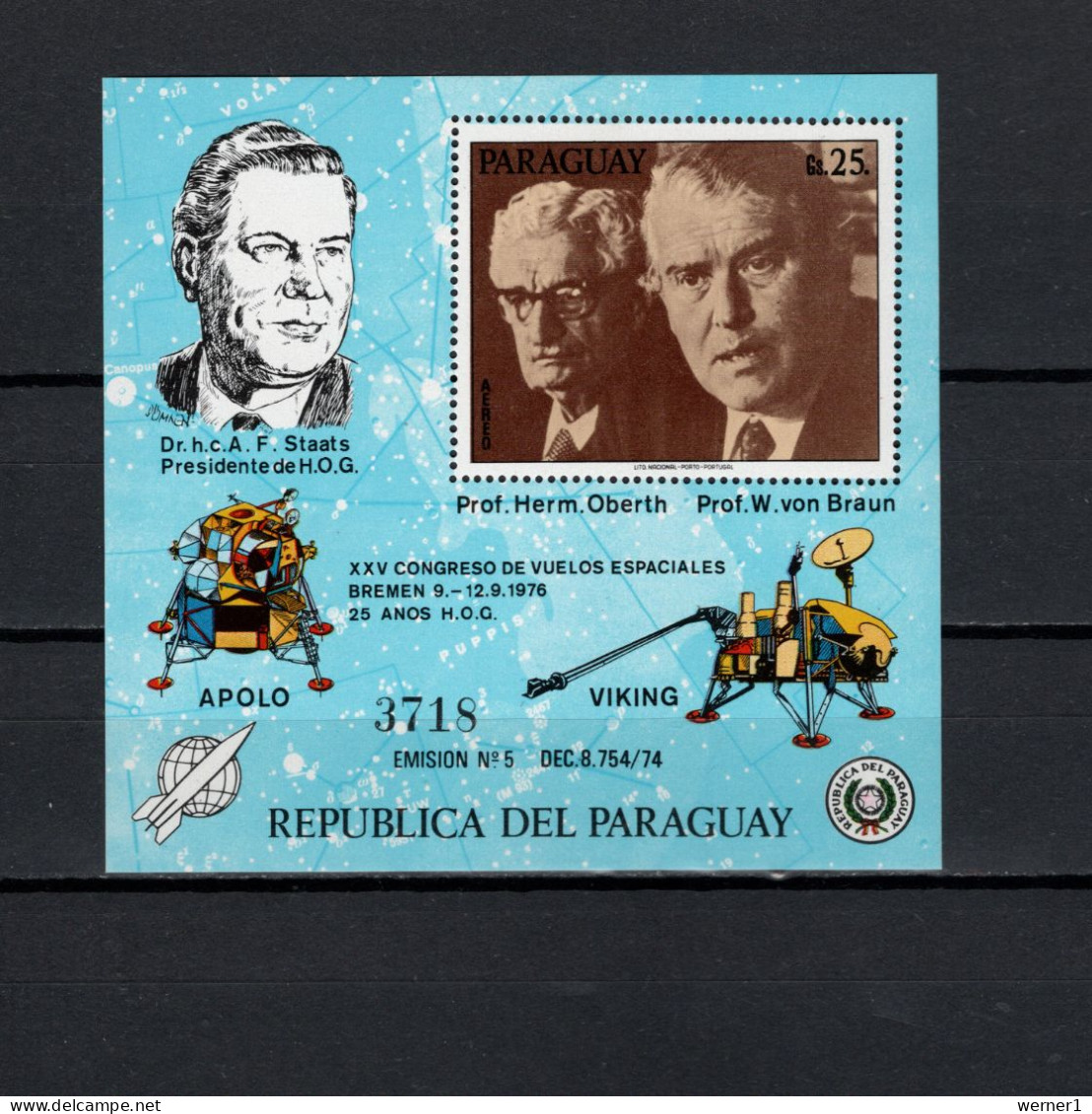 Paraguay 1976 Space, Hermann Oberth Society, Wernher Von Braun S/s MNH -scarce- - América Del Sur