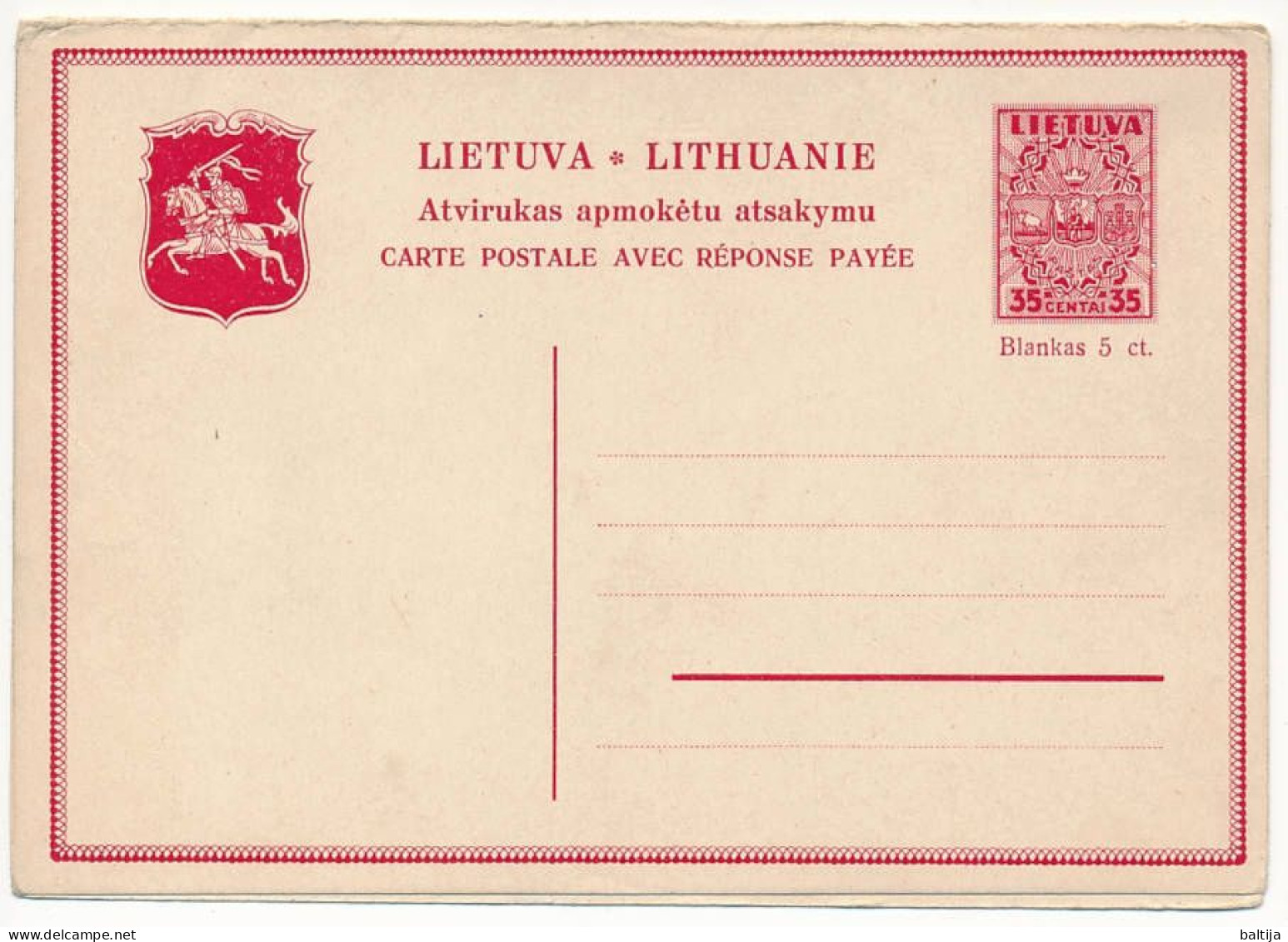 Mi P 23 ** MNH Postcard Stationery, Ganzsache, Entier Avec Réponse Payée - Lituanie