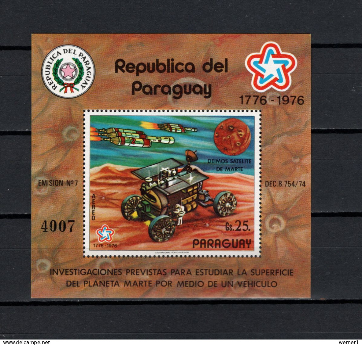 Paraguay 1977 Space, US Bicentennial, Mars Rover S/s MNH - Sud America