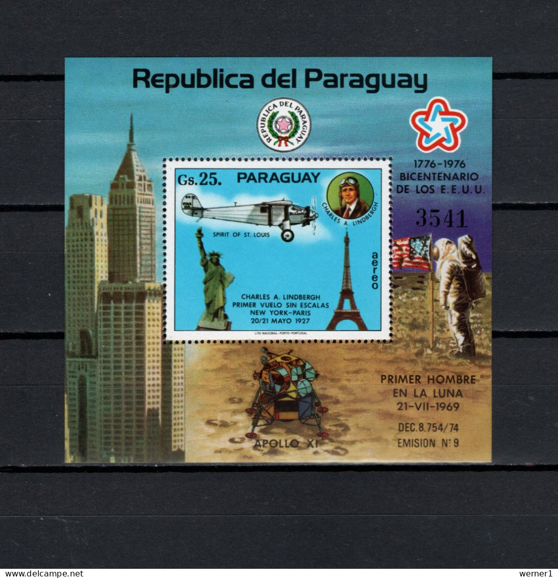 Paraguay 1977 Space, US Bicentennial, Charles Lindbergh S/s MNH - Amérique Du Sud