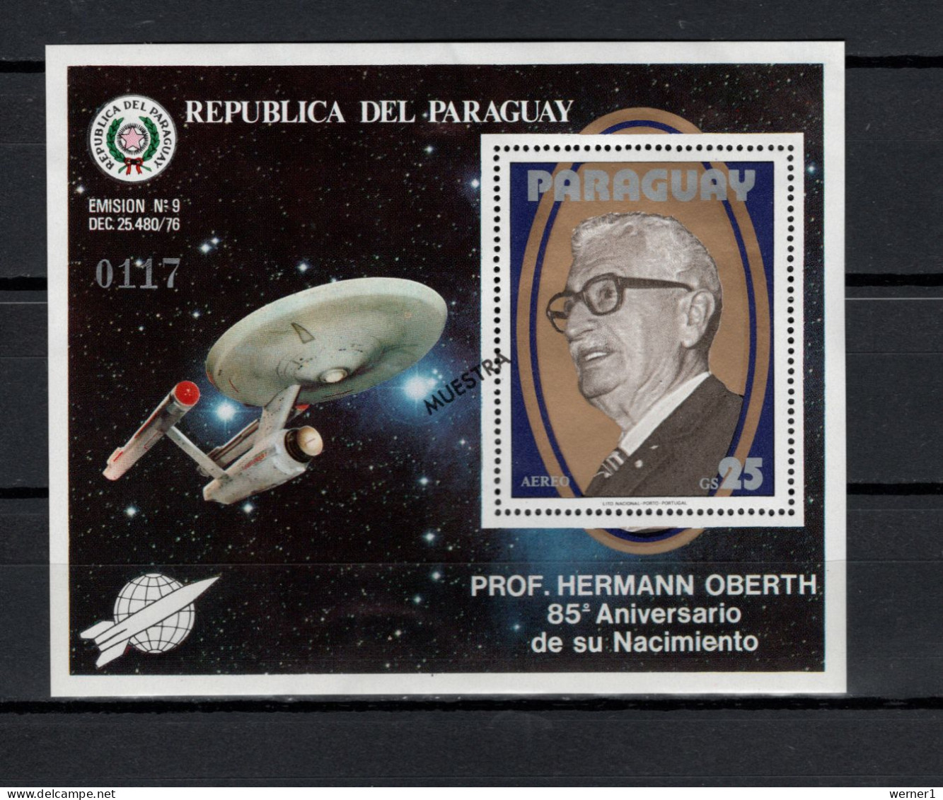 Paraguay 1979 Space, Hermann Oberth, Star Trek S/s With "Muestra" Overprint MNH - América Del Sur