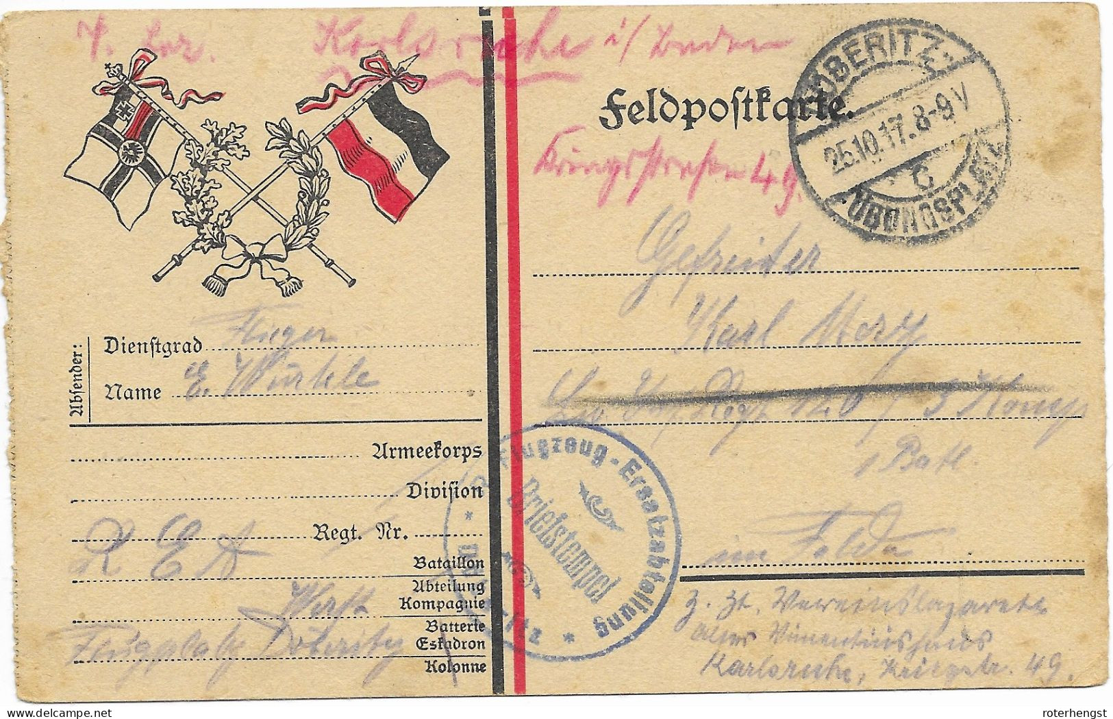 Feldpostkarte Doeberitz Uebungsplatz Cancel 1917 WWi Flugzeug Ersatzabteilung Early AIRPORT Cancel - Feldpost (Portofreiheit)