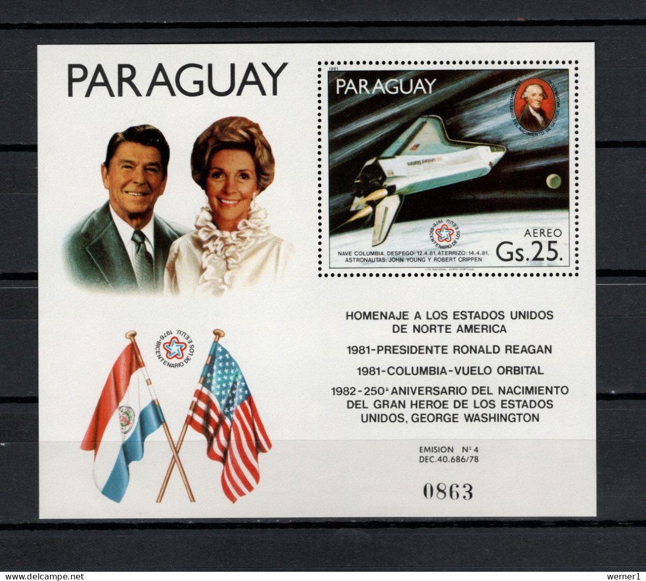 Paraguay 1981 Space Shuttle, Nancy And Ronald Reagan S/s MNH - América Del Sur