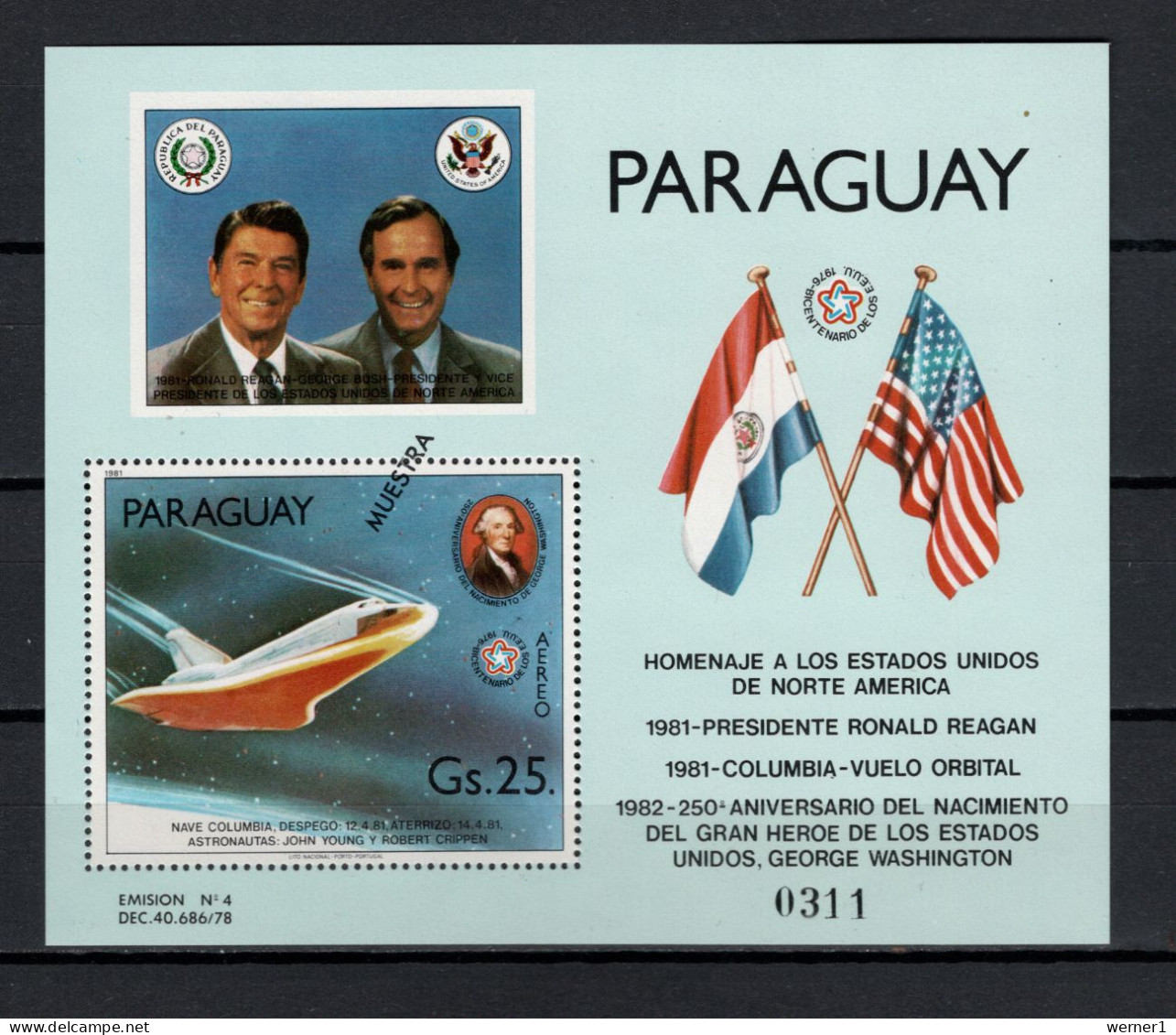 Paraguay 1981 Space Shuttle, Ronald Reagan And George Bush S/s With "Muestra" Overprint MNH - Amérique Du Sud