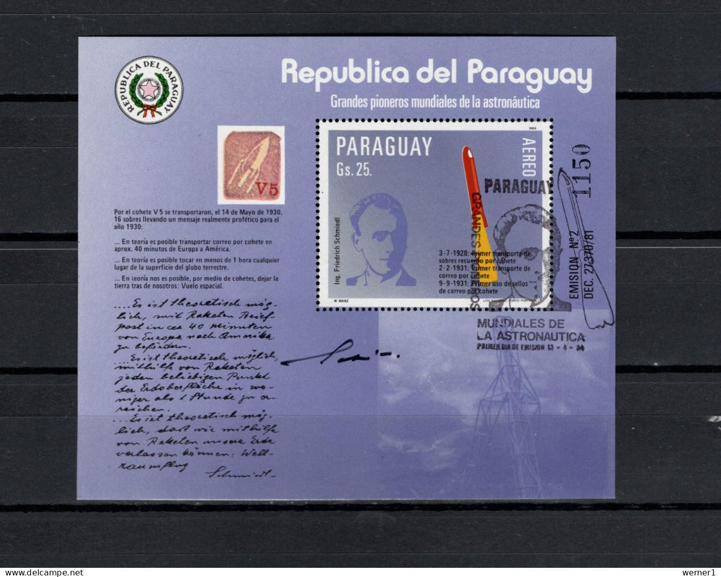 Paraguay 1984 Space Pioneers, Friedrich Schmiedl S/s With First Day Cancellation -scarce- - Amérique Du Sud