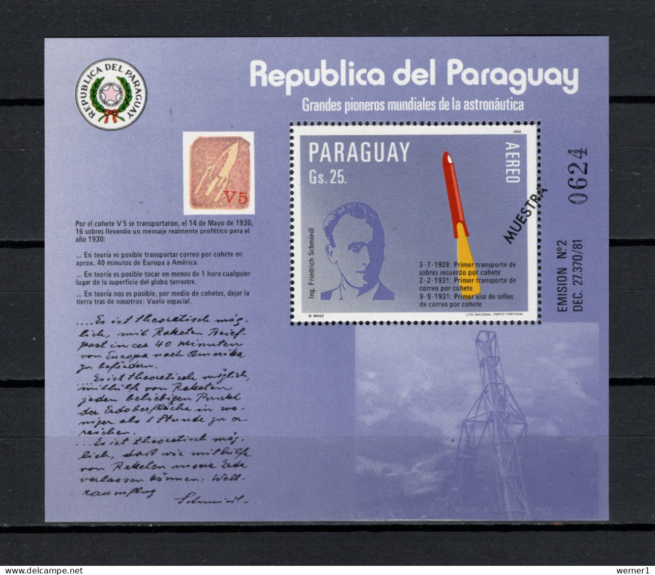 Paraguay 1984 Space Pioneers, Friedrich Schmiedl S/s With "Muestra" Overprint MNH -scarce- - Amérique Du Sud