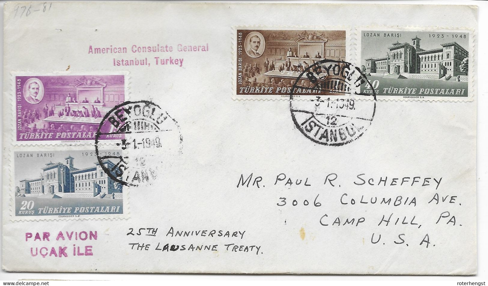 Turkiye 1948 Set Lausanne Treaty (single Stamps 6 Euros) Beyoglu 3.1.1949 - Briefe U. Dokumente