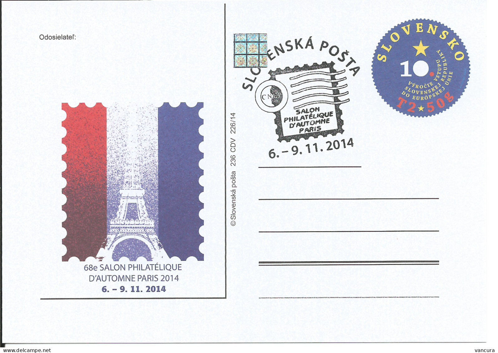 CDV 236 Slovakia Paris Stamp Exhibition 2014 Eiffel Tower - Expositions Philatéliques