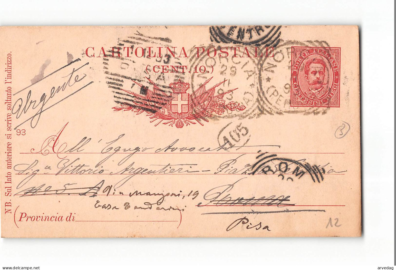 16165 01 PERUGIA NORCIA X PISA 1893 - Entiers Postaux