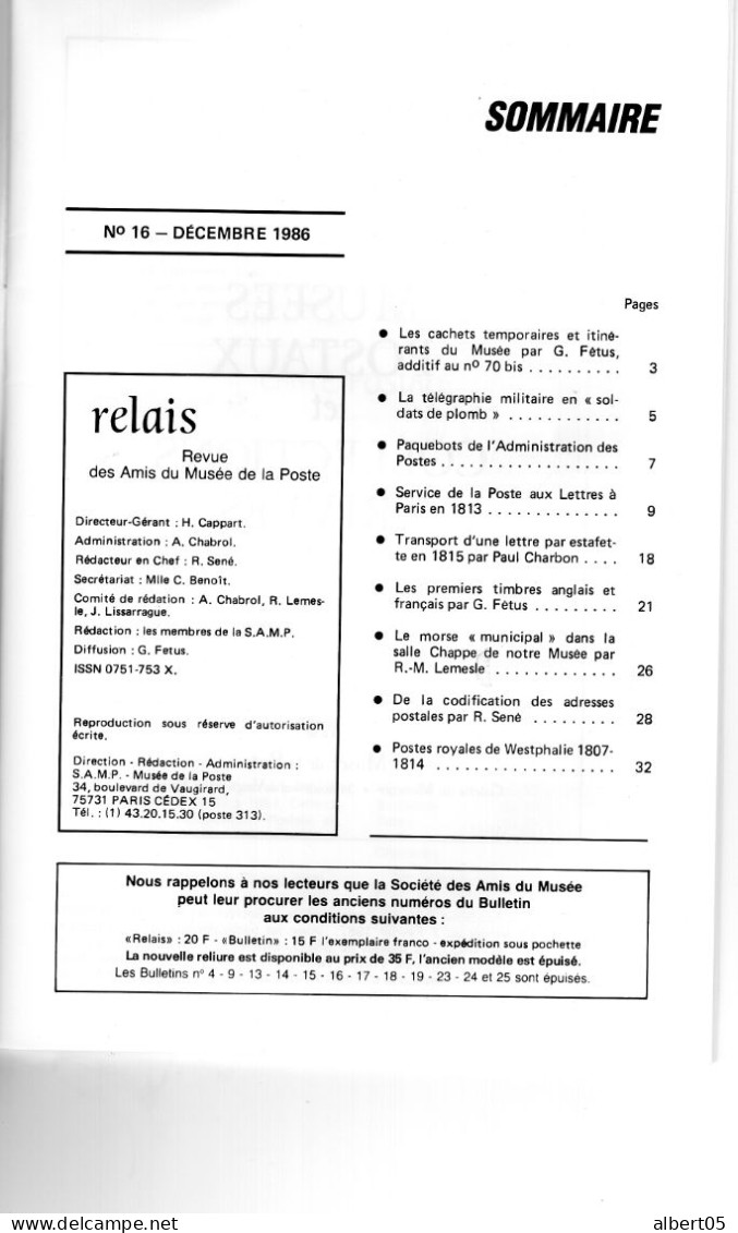 Relais N° 16 - Dec 1986 -   Revue Des Amis Du Musée De  La Poste - Avec Sommaire - Premiers Timbres Français Et Anglais - Philatelie Und Postgeschichte