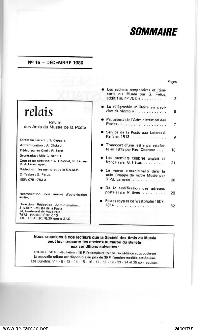 Relais N° 16 - Dec 1986 -   Revue Des Amis Du Musée De  La Poste - Avec Sommaire - Premiers Timbres Français Et Anglais - Filatelie En Postgeschiedenis