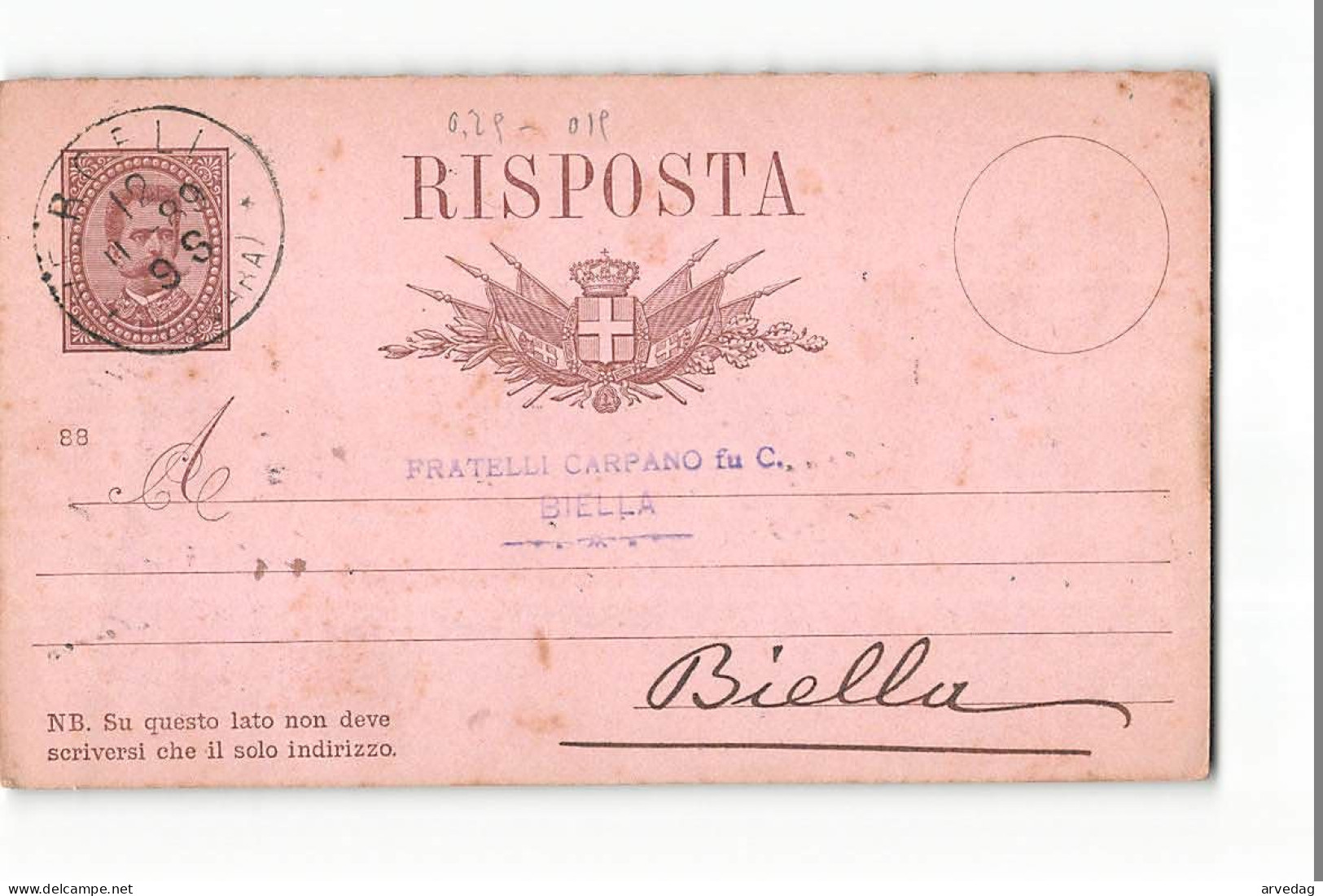 16160 01  CARTOLINA POSTALE  - VERCELLI X FRATELLI CARPANO BIELLA - Entero Postal