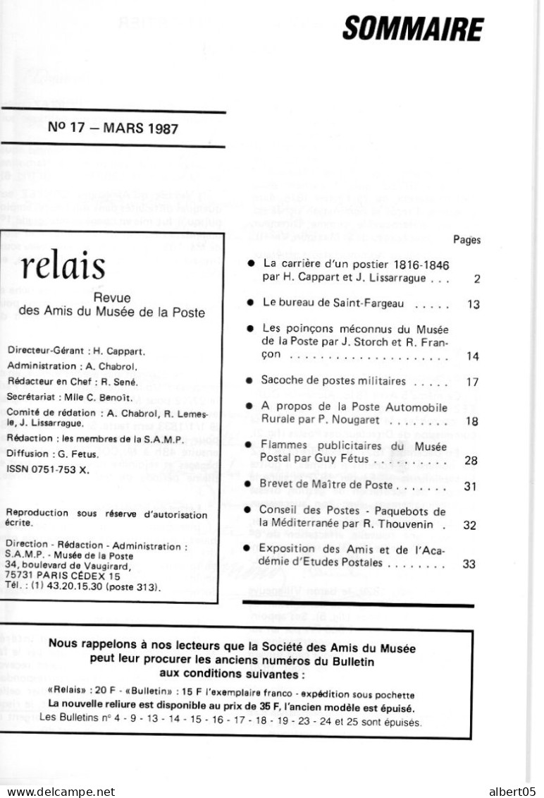 Relais N° 17 - Mars 1987 -   Revue Des Amis Du Musée De  La Poste - Avec Sommaire -Poste Automobile Rurale - Filatelie En Postgeschiedenis