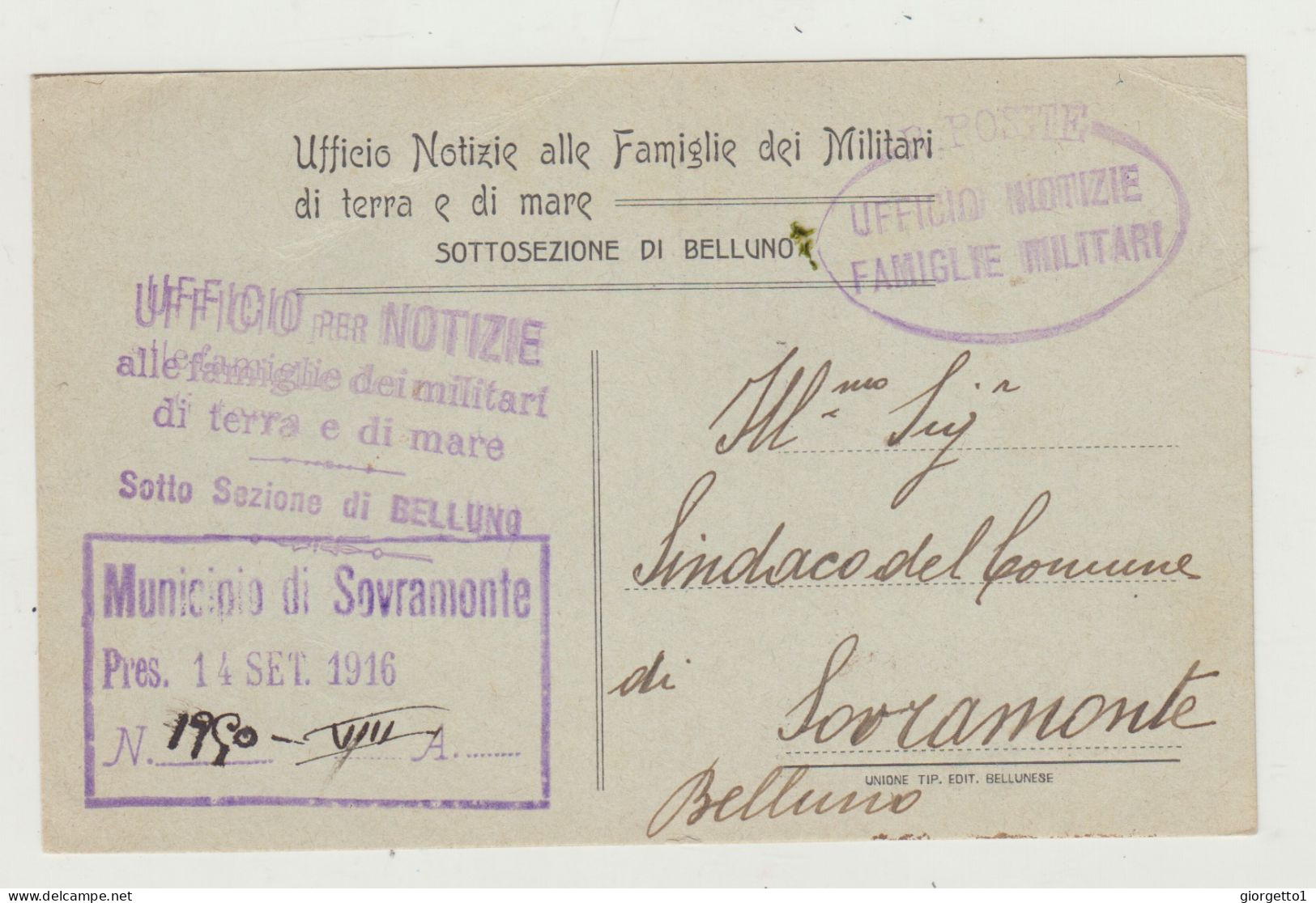 CARTOLINA UFFICIO NOTIZIE ALLE FAMIGLIE DEI MILITARI DI TERRA E DI MARE DEL 1916 WW1 - Stamped Stationery