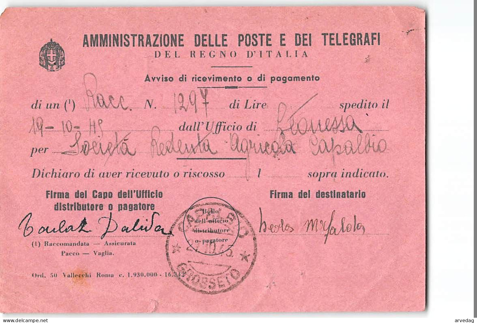 16166 01  LUOGOTENENZA AVVISO DI RICEVIMENTO PAGAMENTO LEONESSA - TIMBRO BLU - CAPALBIO - Storia Postale