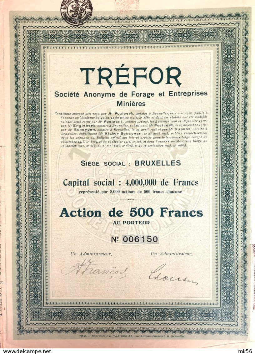 Tréfor - SA De Forage Et Entreprises Minières - Action De 500 Francs - 1925 - Bruxelles - Mijnen