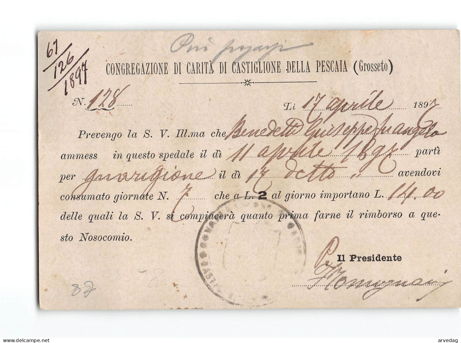 16202 01 CONGREGAZIONE DI CARITA DI CASTIGLIONE DELLA PESCAIA X PISTOIA - EFFIGIE DI UMBERTO I  10 CENT - Marcophilie