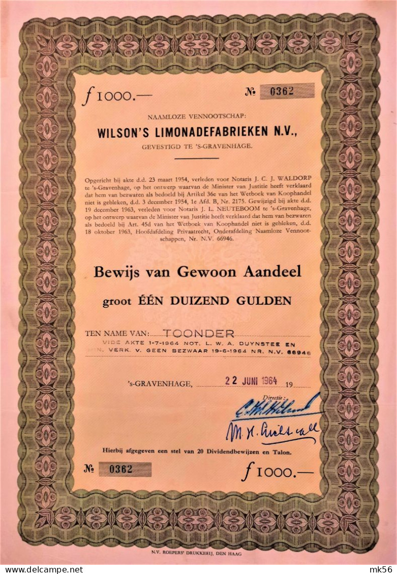 Wilson's Limonadefabrieken - Bewijs Van Gewoon Aandeel 1000 Gulden (1964) S Gravenhage - Other & Unclassified