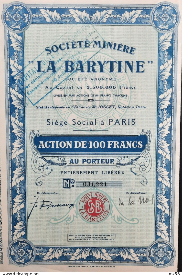 Société Minière 'La Barytine' - Action De 100 Francs - Paris 1925 - Autres & Non Classés