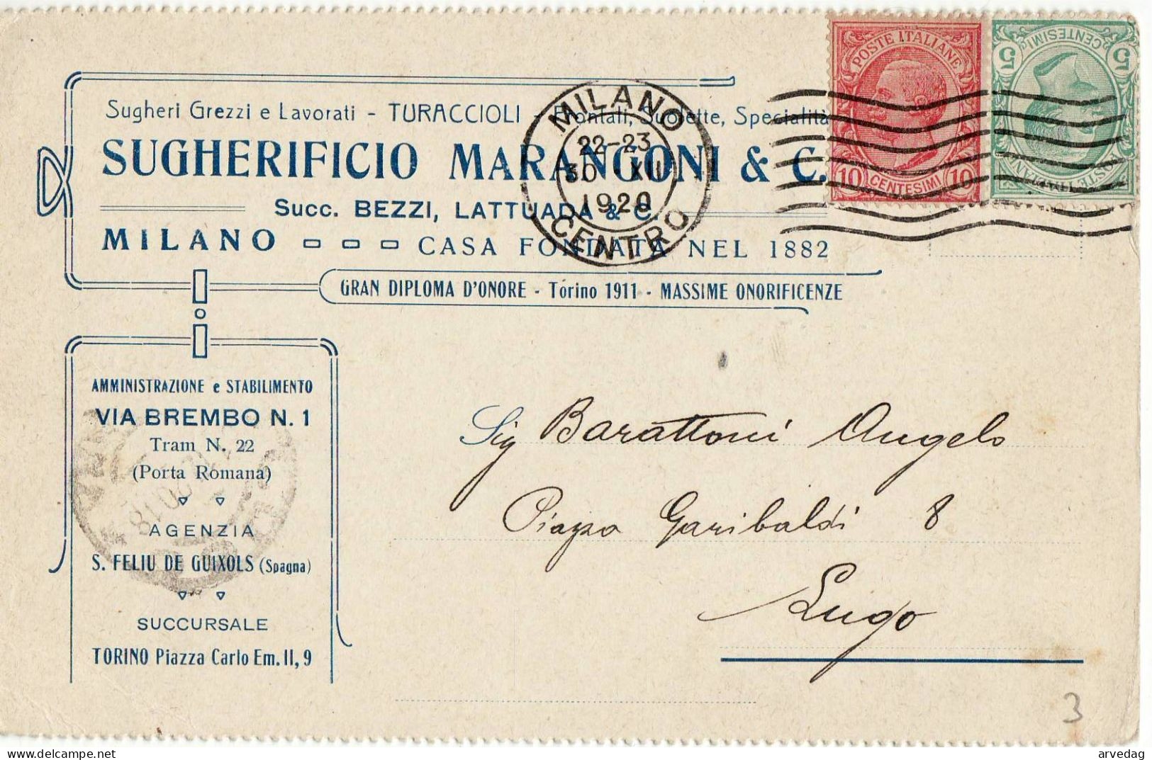 16236 01 MILANO SUGHERIFICIO MARANGONI SUGHERI TURACCIOLI X LUGO - Storia Postale