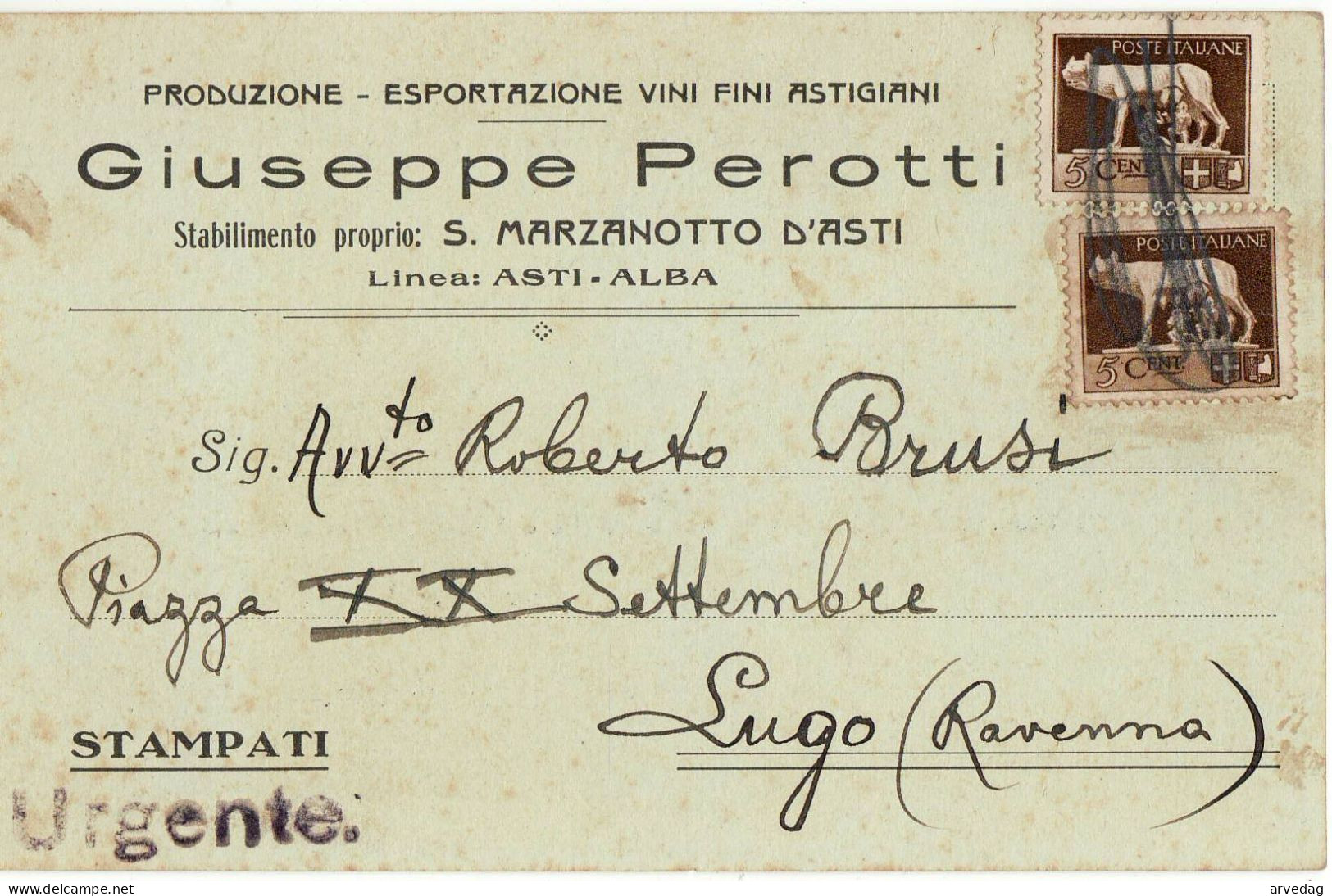 16241 01 ASTI S. MARZANOTTO PEROTTI PROD. ESPORT VINI FINI ASTI X LUGO - Storia Postale