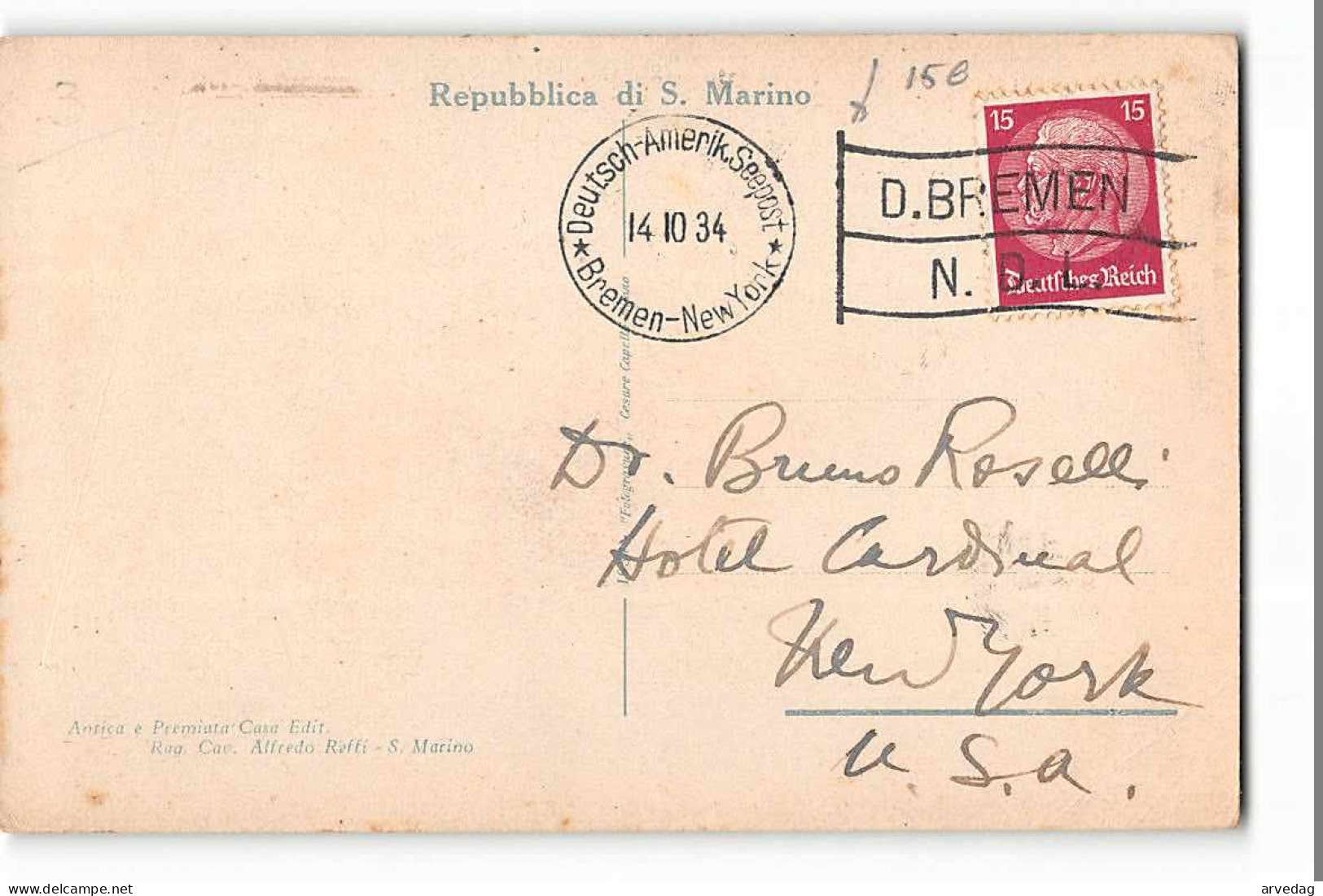 16245 01 REPUBBLICA DI SAN MARINO - POSTMARK DEUTSCH AMERIK SEEPOST BREMEN NEW YORK - San Marino