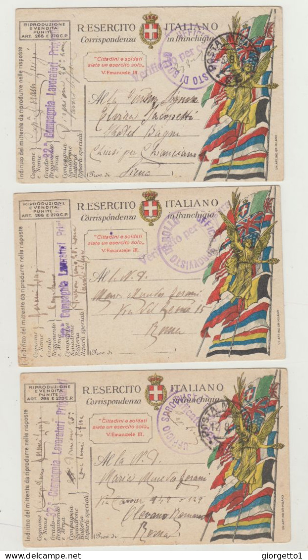 FRANCHIGIA LOTTO DI 3 CARTOLINE POSTA MILITARE DEL 1918 CON CENSURA WW1 - Storia Postale