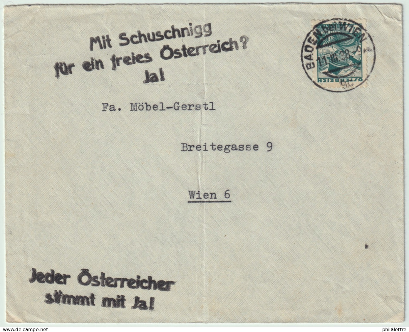 AUTRICHE / AUSTRIA - 1938 Anti-Anschluss Propaganda On Cover From BADEN Bei WIEN To WIEN (Vienna) - Cartas & Documentos