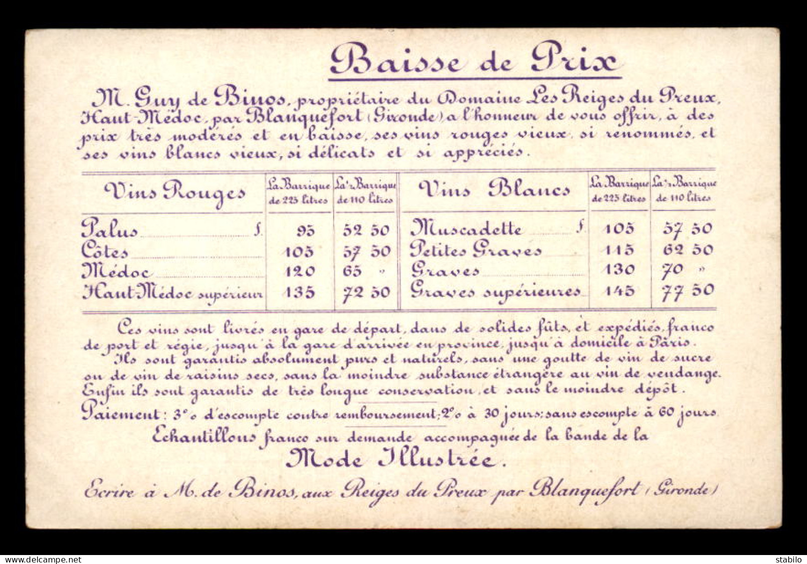 33 - BLANQUEFORT - DOMAINE LES REIGES DU PREUX - M. GUY DE BINOS - TARIFS - Blanquefort