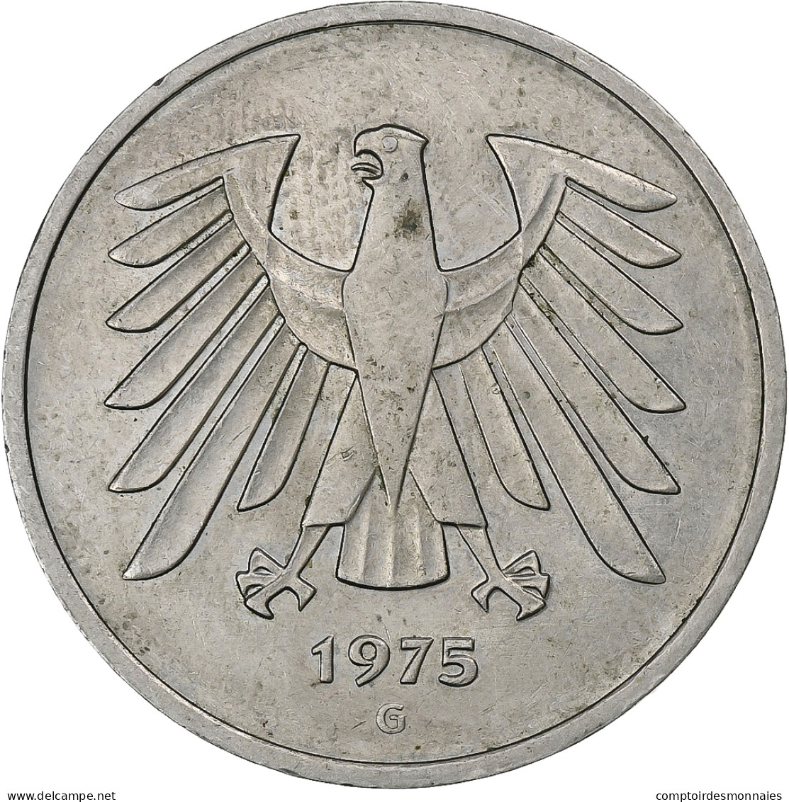 République Fédérale Allemande, 5 Mark, 1975, Karlsruhe, Copper-Nickel Clad - 5 Marcos