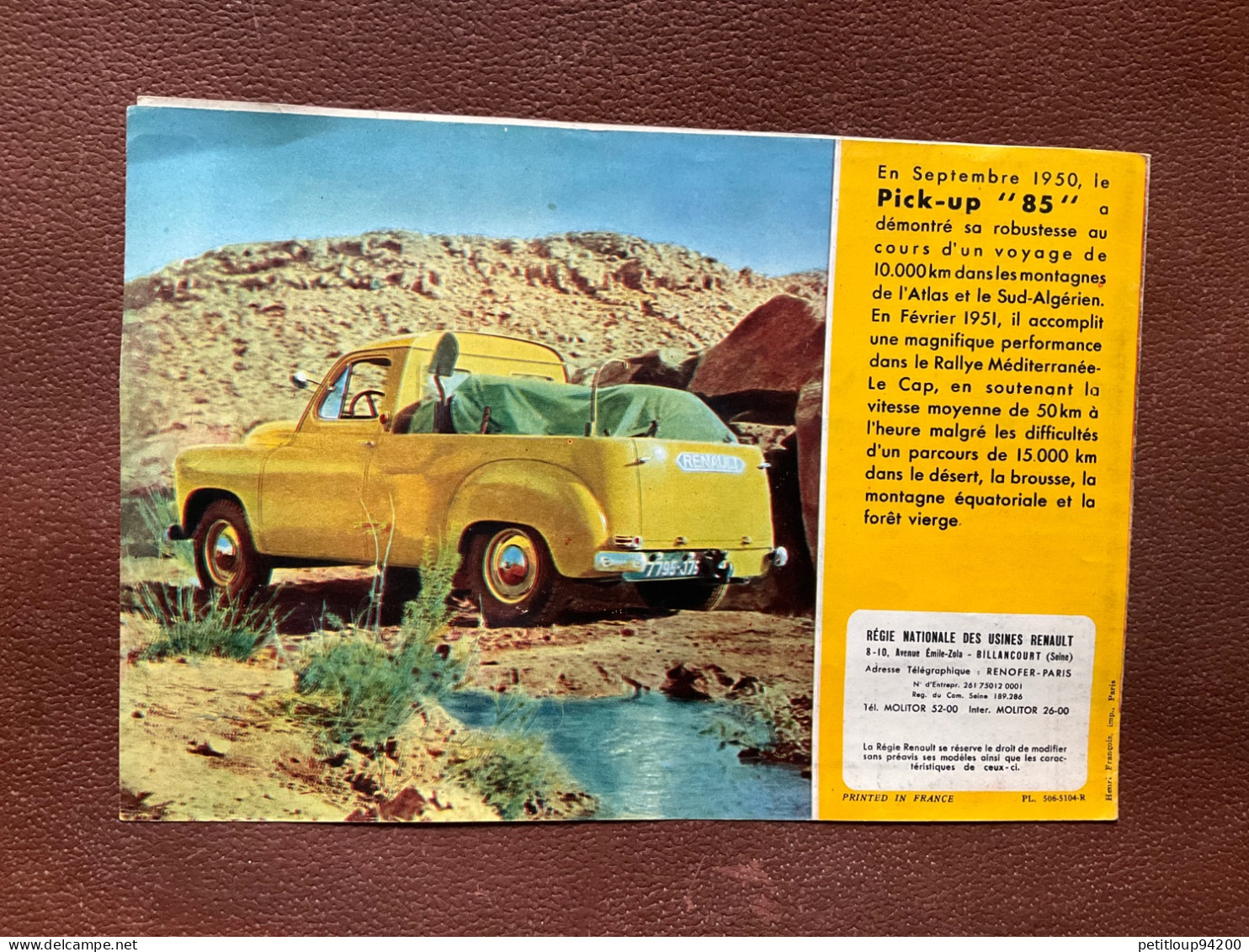 (14) DOCUMENT Commercial RENAULT  Le Pick-Up « 85 » - Cars