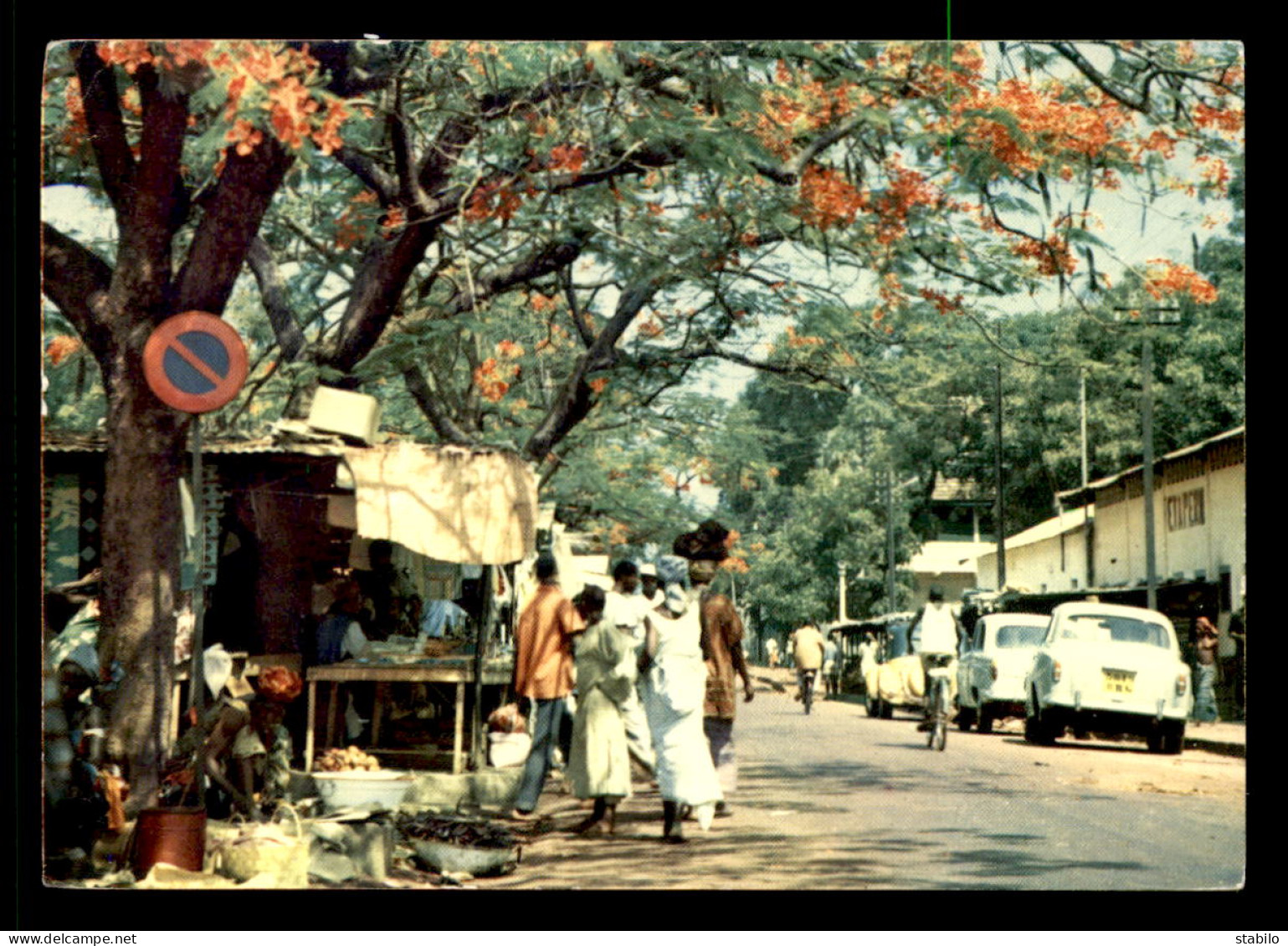 GUINEE - CONAKRY - RUE DE LA VILLE BORDEE DE FLAMBOYANTS ET D'ETALAGES EXOTIQUES - Guinea