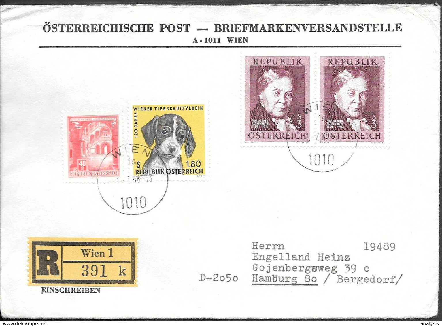 Austria Wien Registered Cover Mailed To Germany 1966. Dog Writer Ebner-Eschenbach Stamps - Covers & Documents