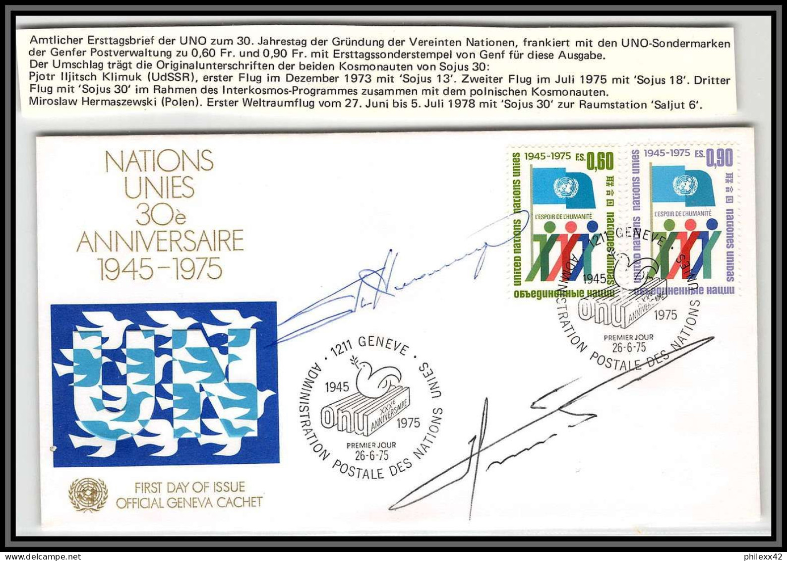 3490X Espace Space Lettre Cover Signé Signed Original Autograph Klimuk Hermaszewski ONU UNO Soyuz Soyouz 30 26/6/1975 - Europe
