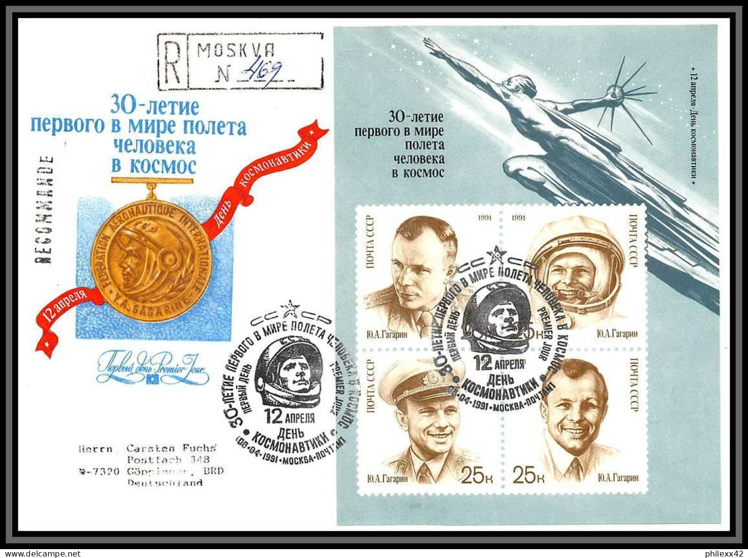 3256 Espace Space Lettre Fdc Cover Russie Russia 06/04/1991 5844/5847 Bloc 217 Cosmonauts Day Gagarin Recommandé  - Russia & USSR
