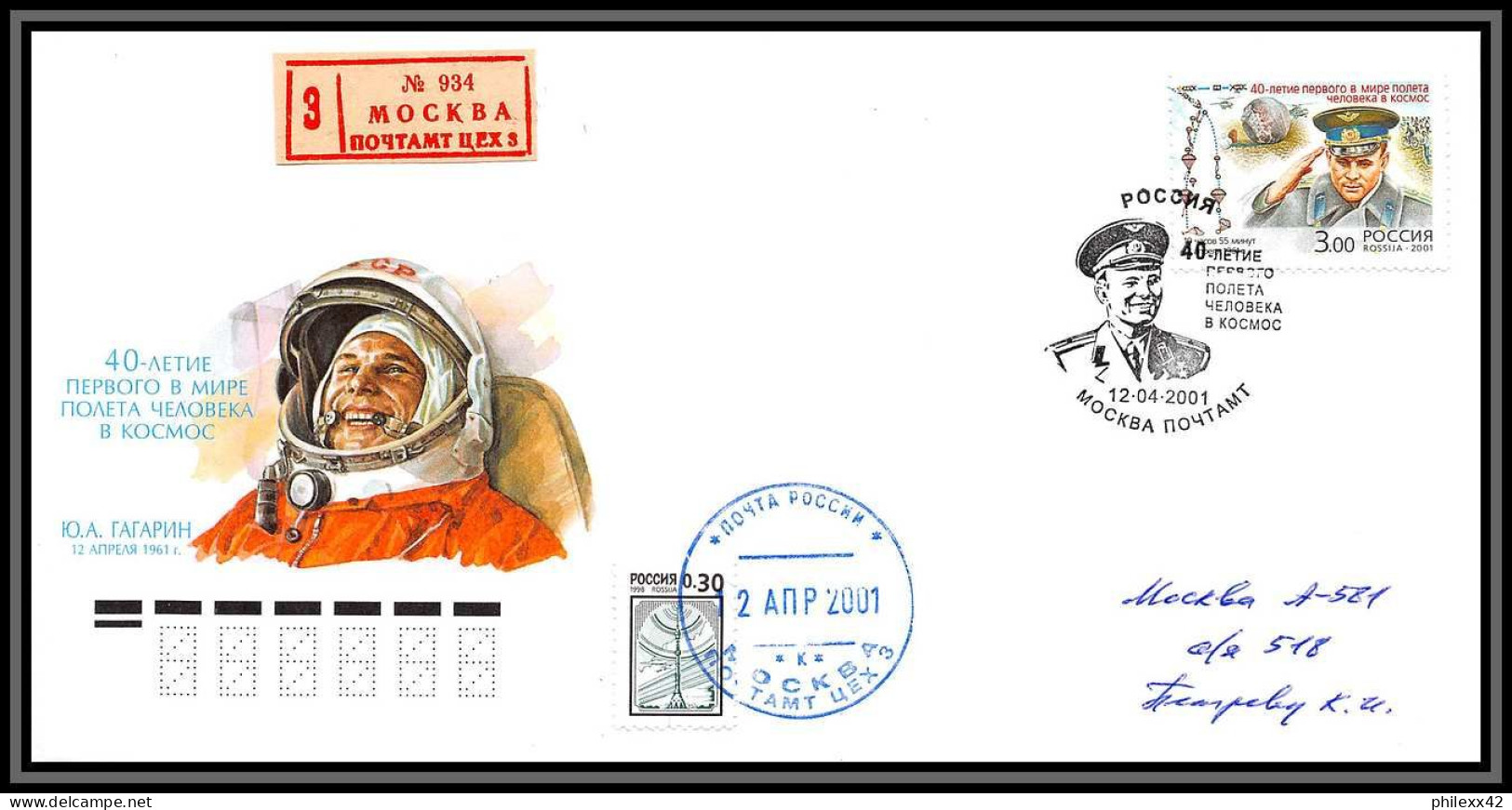 3229 Espace Space Lettre (cover Briefe) Russie (Russia) 12/04/2001 Cosmonauts Day Gagarine Gagarin Recommandé Registered - UdSSR