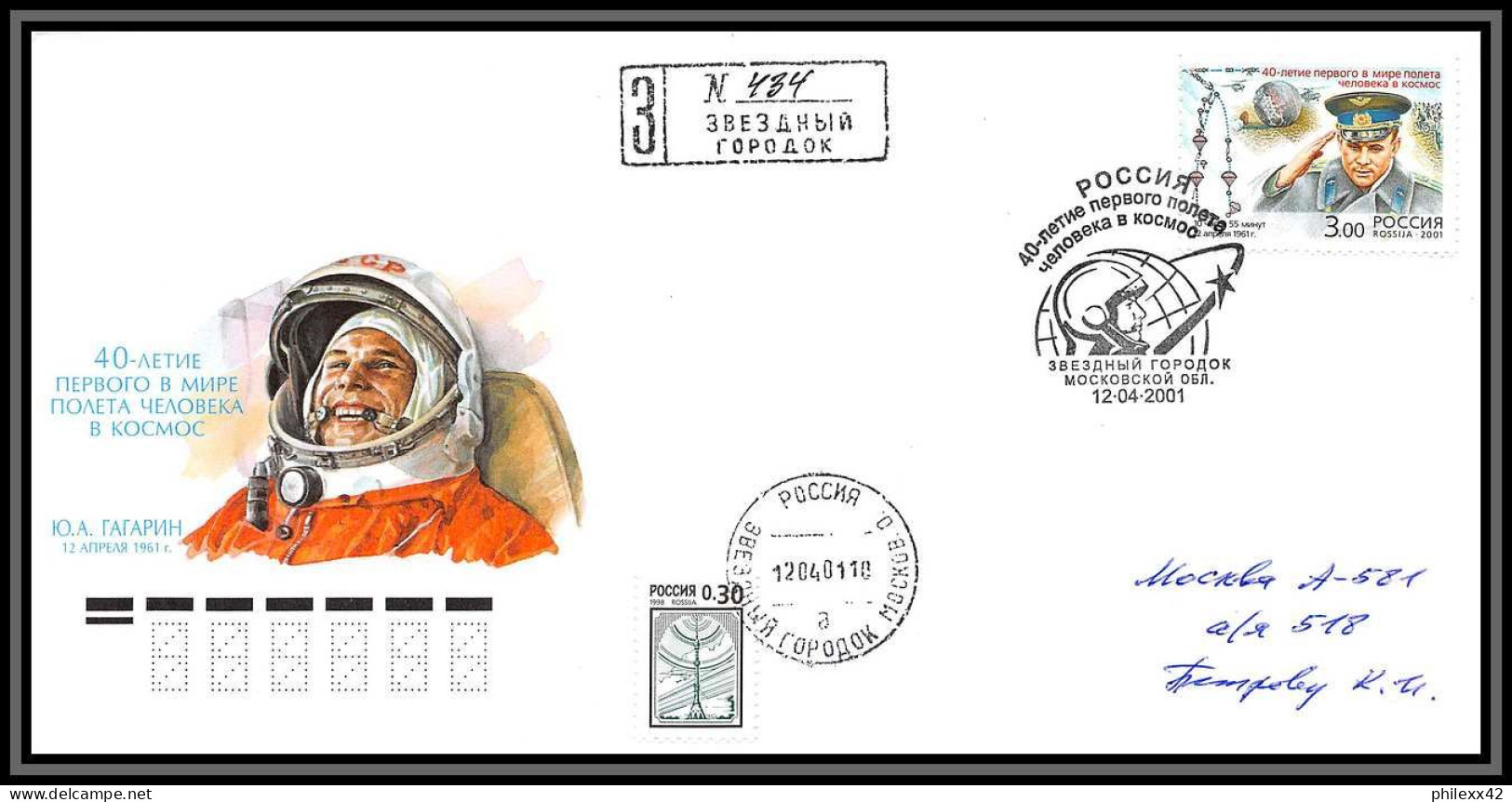 3227g Espace Space Raumfahrt Lettre Cover Russie Russia 12/04/2001 Cosmonauts Day Gagarine Gagarin Recommandé Registered - Rusland En USSR