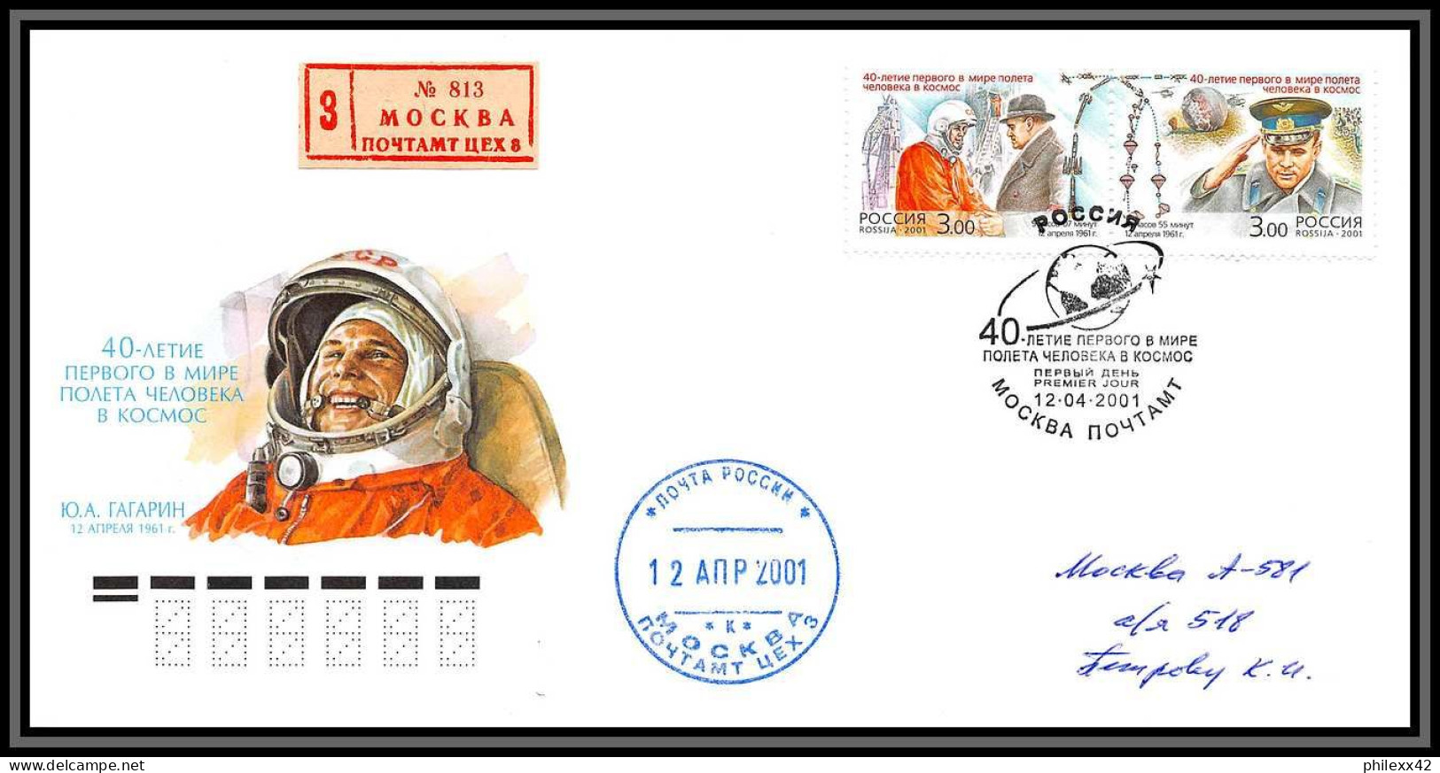 3227e Espace Space Raumfahrt Lettre Cover Russie Russia 12/04/2001 Cosmonauts Day Gagarine Gagarin Recommandé Registered - Russia & USSR