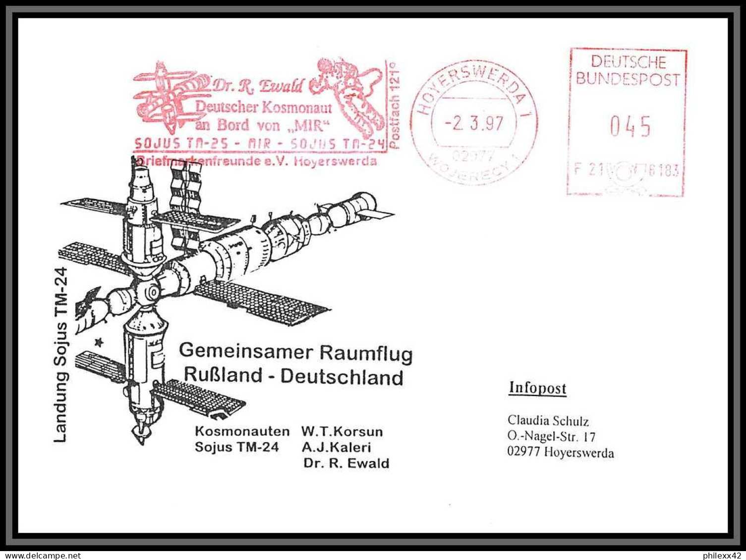 3173 Espace Space 2 Lettres + Devant Cover Allemagne (germany Bund) 02/03/1997 Soyuz (soyouz Sojus) TM-25 Station Mir 97 - Europe