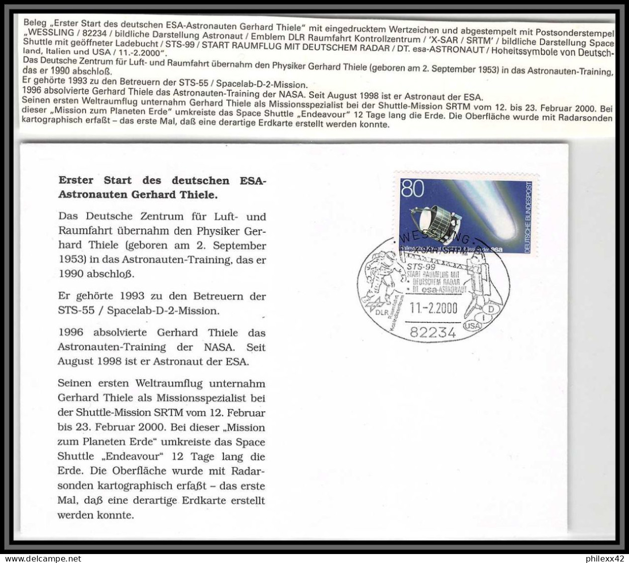 3020X Espace (space) Lettre (cover) Allemagne (germany Bund) Sts-99 11/2/2000 Erster Start Des Deutchen Esa Thiele - Europe