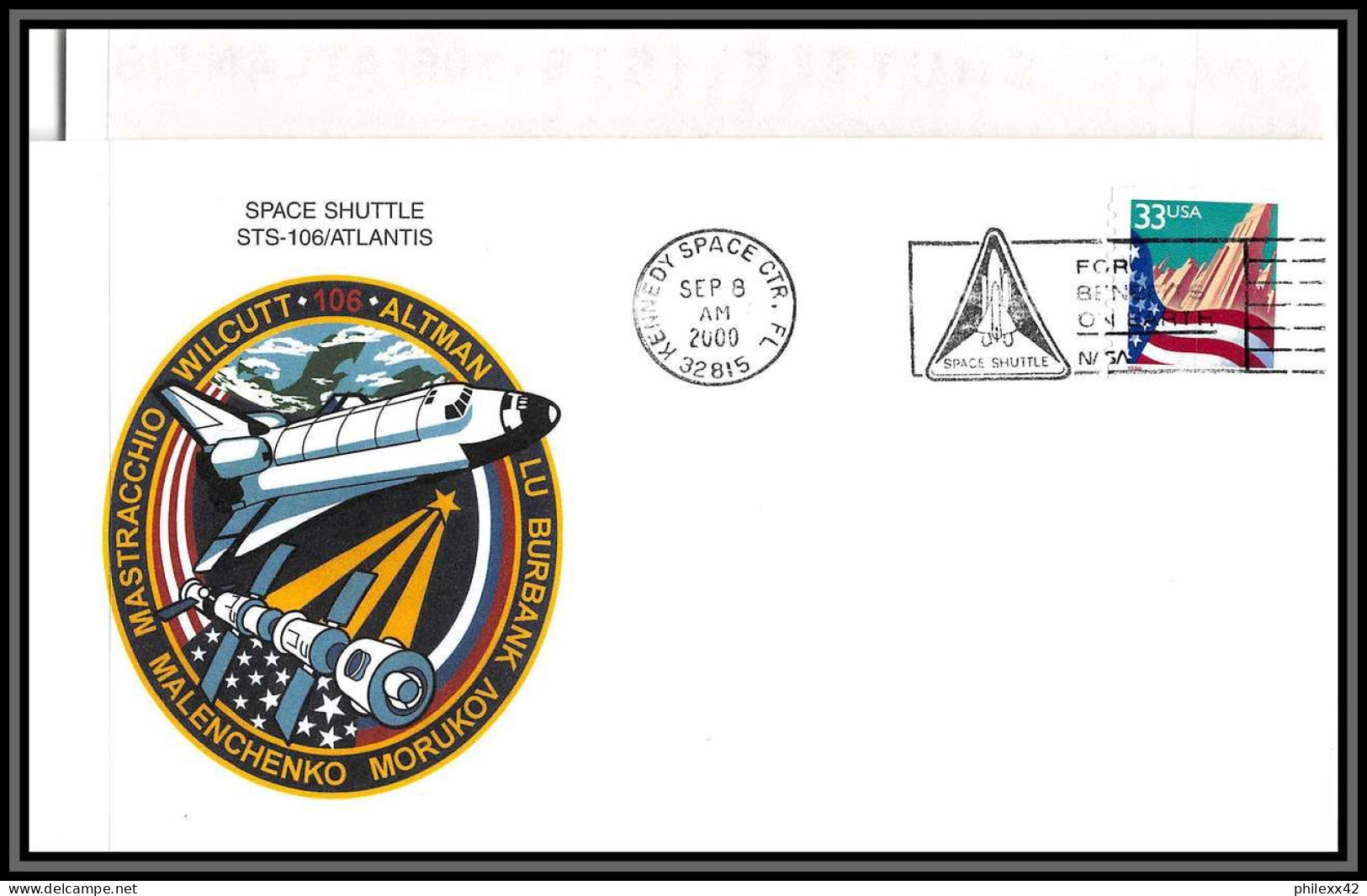 3027 Espace Space Lettre (cover Briefe) USA Start STS-106 Shuttle (navette) Atlantis 8/9/2000 + Stickers (autocollant) - United States