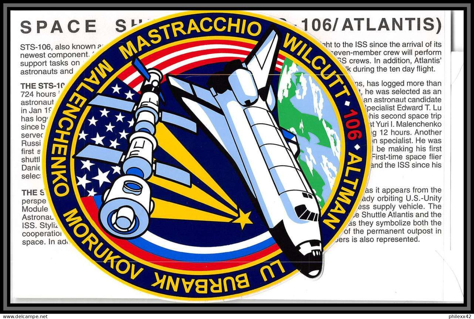3027 Espace Space Lettre (cover Briefe) USA Start STS-106 Shuttle (navette) Atlantis 8/9/2000 + Stickers (autocollant) - USA