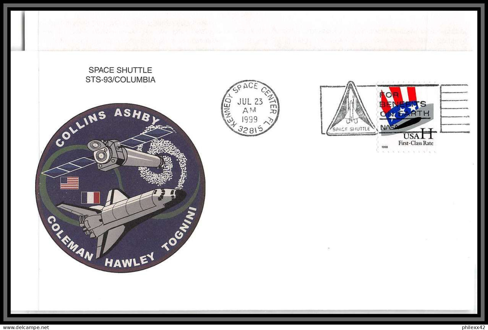 3007 Espace Space Lettre (cover Briefe) USA Start Sts-93 Columbia Shuttle (navette) 23/7/1999 + Stickers (autocollant) - USA