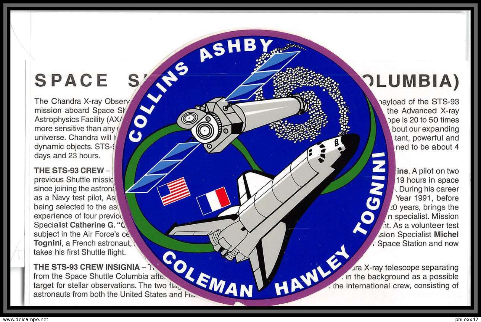 3007 Espace Space Lettre (cover Briefe) USA Start Sts-93 Columbia Shuttle (navette) 23/7/1999 + Stickers (autocollant) - USA