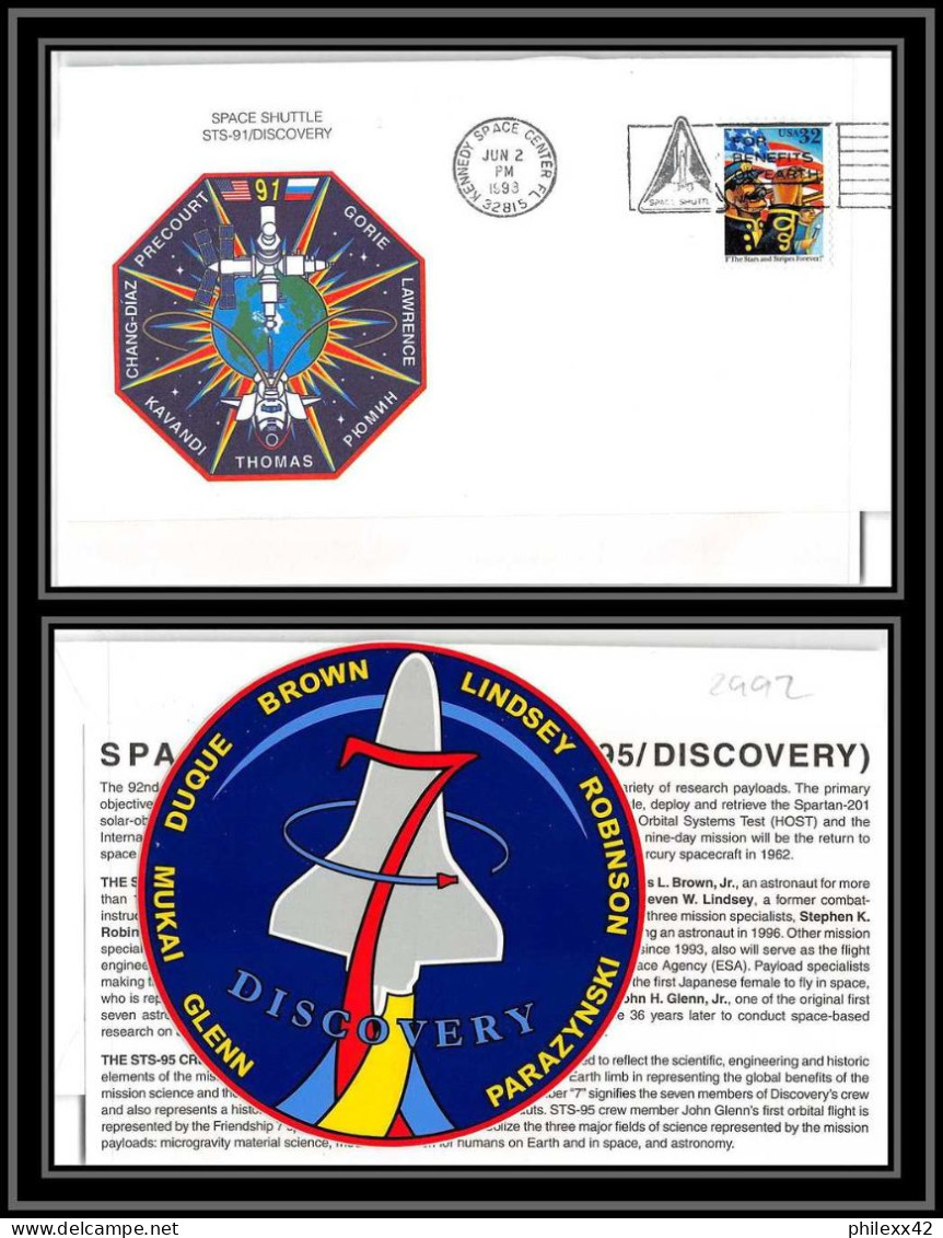 2992 Espace (space) Lettre (cover) USA Sts-91 Discovery Shuttle (navette) 2/6/1998 + Stickers (autocollant) - Etats-Unis