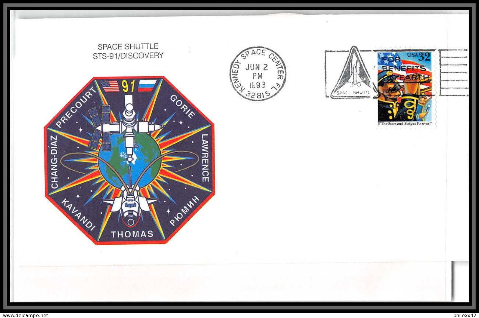 2992 Espace (space) Lettre (cover) USA Sts-91 Discovery Shuttle (navette) 2/6/1998 + Stickers (autocollant) - Etats-Unis