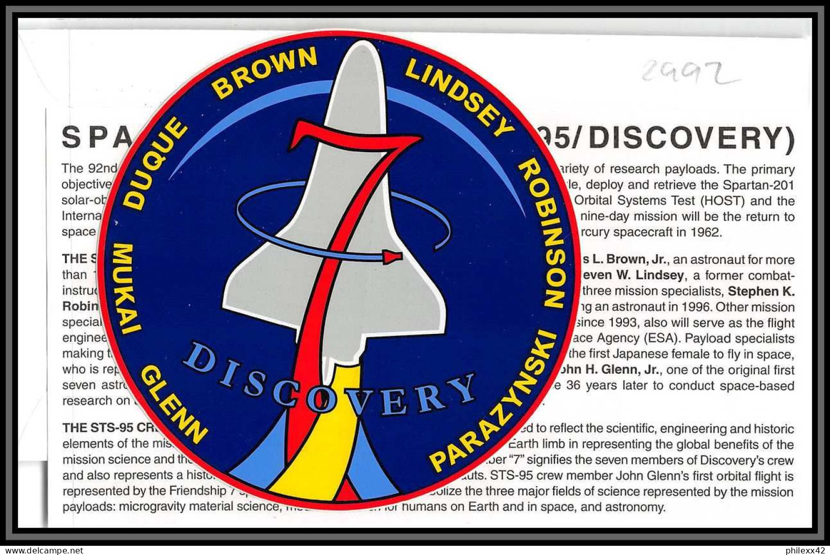 2992 Espace (space) Lettre (cover) USA Sts-91 Discovery Shuttle (navette) 2/6/1998 + Stickers (autocollant) - Verenigde Staten